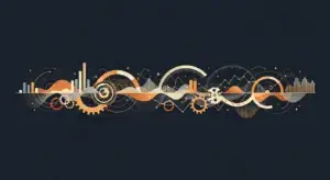 hero-saas-unit-economics - SaasCEO.com Abstract tech illustration with gears, waves and bar graphs on a dark background.