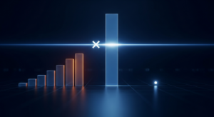 saas-valuation-multiples-hero - SaasCEO.com - SaasCEO.com 3D bar chart with increasing orange bars on the left and a tall blue column crossing a glowing horizontal line, marked by a white X at the line's center.