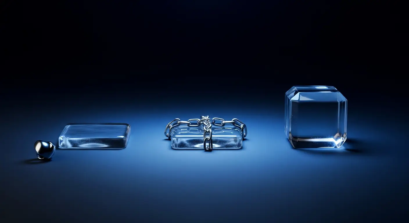 safe-note-hero-4 - SaasCEO.com SAFE vs. Convertible Note vs. Priced Round — three distinct translucent glass objects arranged in a row