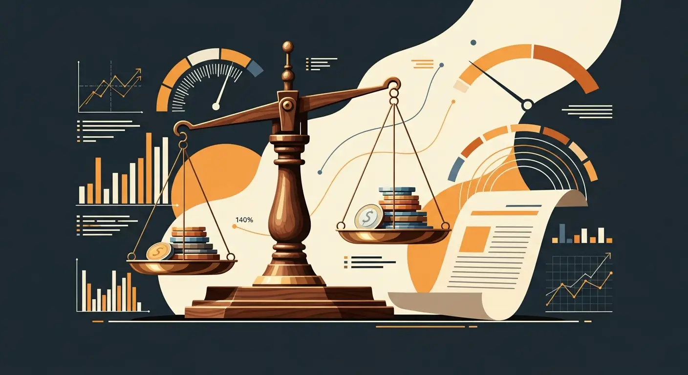 sales-methodology-for-saas-hero-1 - SaasCEO.com Choosing methodology by deal economics — apothecary balance scale carved from dark walnut wood with brass pans, weighing a small stack of mixed coins against a folded parchment document, suggesting trade-off between cost and decision quality