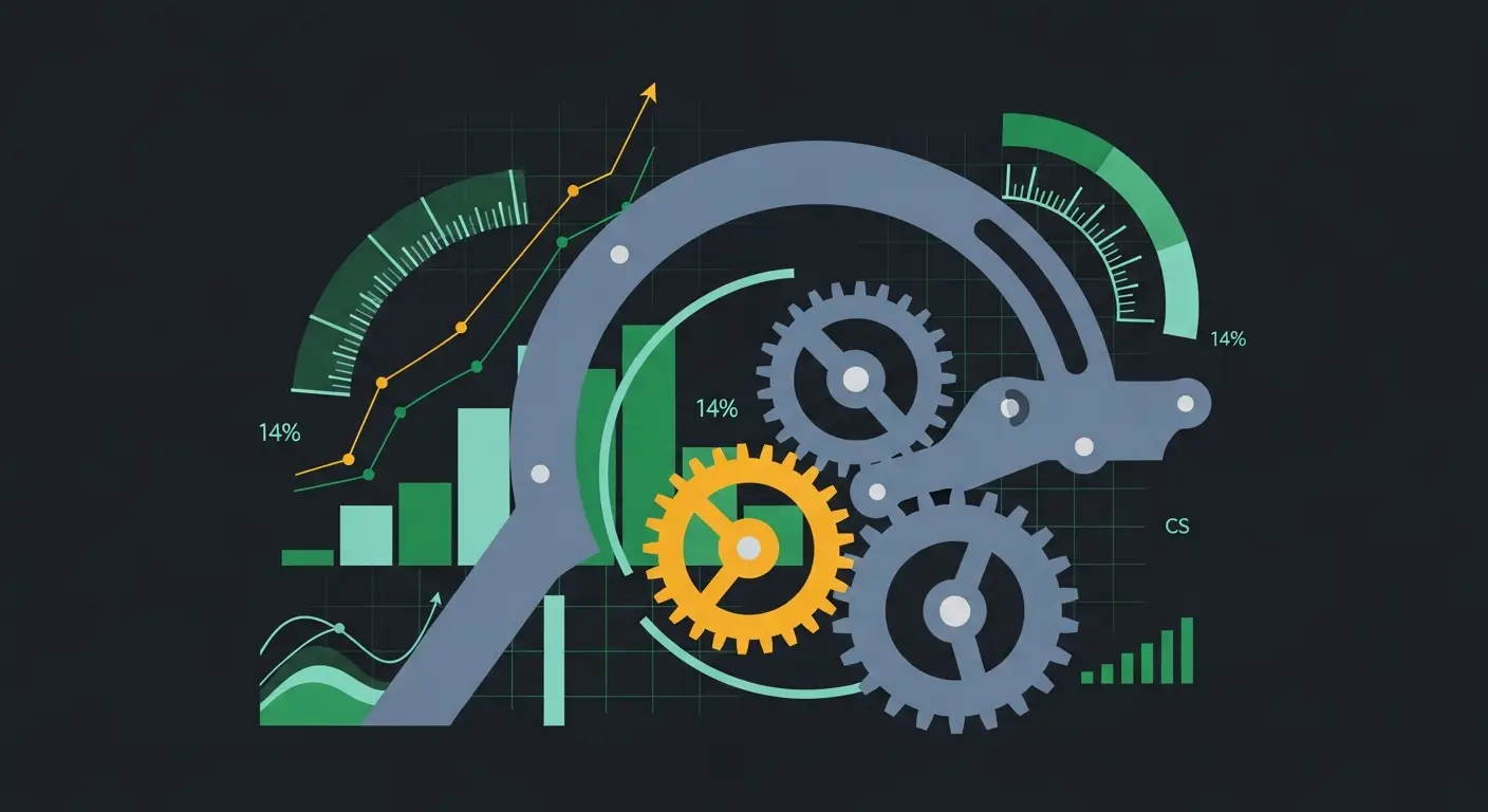 sales-methodology-for-saas-hero-2 - SaasCEO.com Sales methodology operating system — mechanical schematic of an antique clockwork escapement mechanism in slate gray with single saffron accent gear meshing precisely with three slate gears, suggesting interlocking system parts