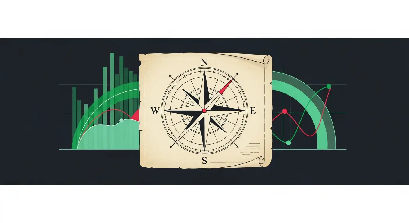 sales-methodology-for-saas-hero - SaasCEO.com Choosing a SaaS sales methodology — antique cartographer's compass rose laid on parchment in cream and ink black with crimson accents, four cardinal arms suggesting four candidate directions to evaluate
