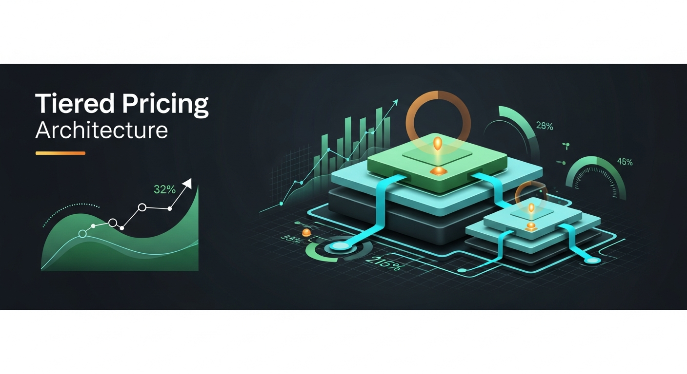 scale-a-saas-business-hero-1 - SaasCEO.com SaaS pricing and packaging structures — Layered geometric tiers at different elevations with cyan co
