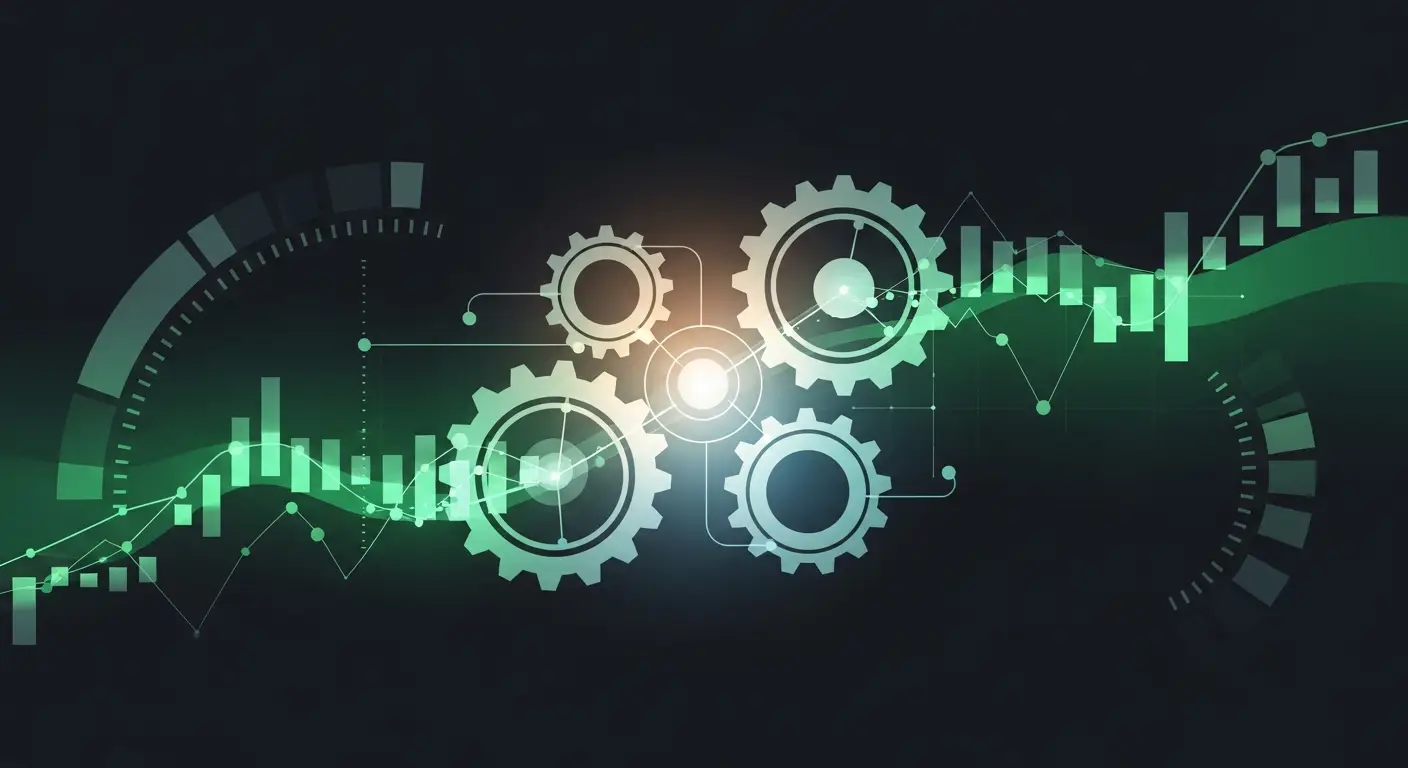 scale-a-saas-business-hero-2 - SaasCEO.com SaaS sales machine and predictable GTM — Interlocking gears with a glowing center node, soft warm-coo