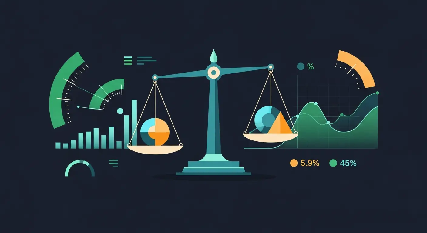scale-a-saas-business-hero-3 - SaasCEO.com SaaS capital strategy and financing options — Precision balance scale weighing geometric shapes against ea
