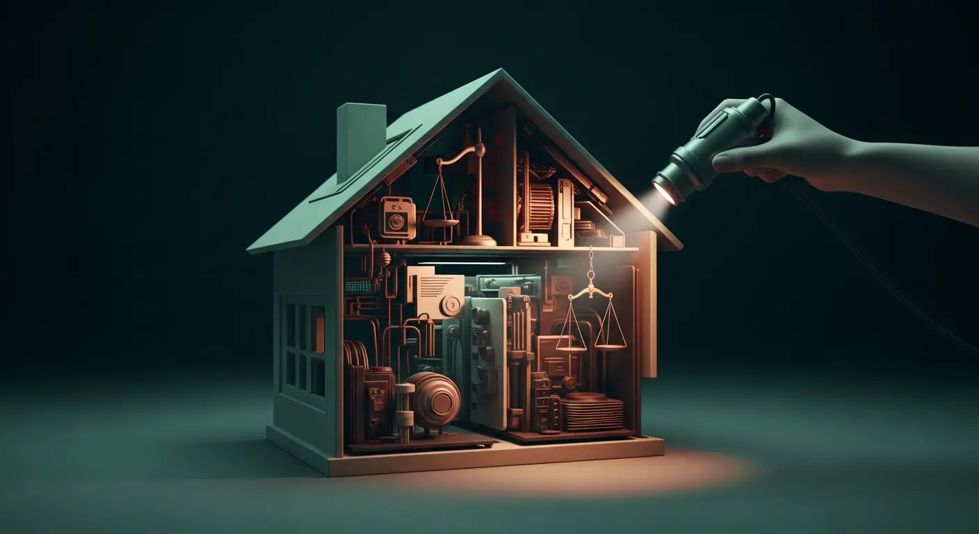 sell-saas-hero-1 - SaasCEO.com Inspect your own house first — a cutaway view of a business revealing its inner systems under a careful inspection light