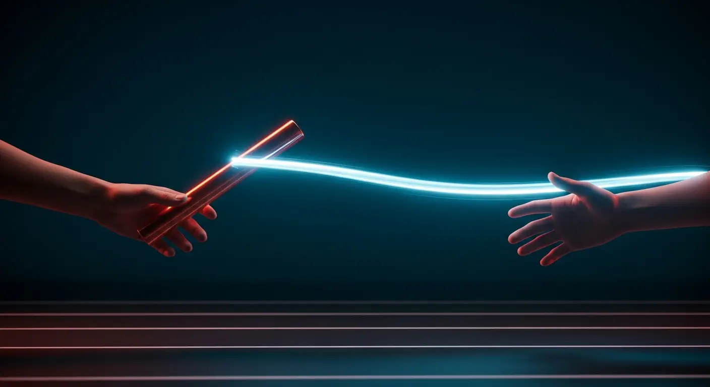 sell-saas-hero-3 - SaasCEO.com Building a SaaS Business for Two Exits — A glowing baton being passed from one runner's hand to anoth