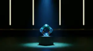 sell-saas-hero - SaasCEO.com - SaasCEO.com Blue faceted diamond on a black pedestal under a spotlight in a dark room.