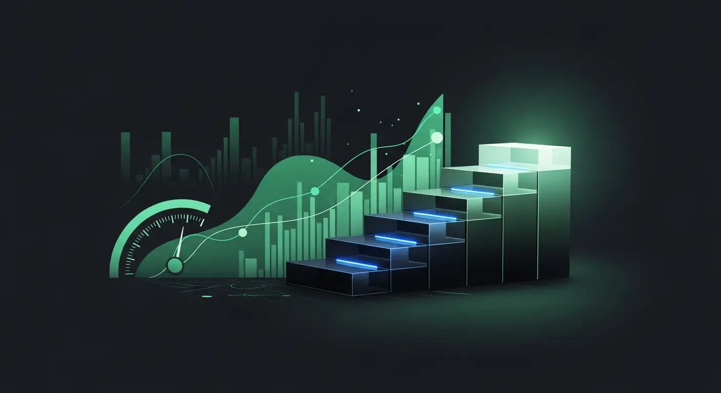 series-a-funding-hero-1 - SaasCEO.com startup funding stages — An abstract ascending staircase made of stacked translucent