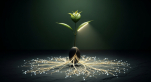series-a-funding-new-hero - SaasCEO.com - SaasCEO.com A small plant sprouts from a cracked seed with long white roots fanning out on a dark surface, lit by a spotlight.