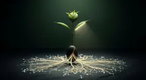 series-a-funding-new-hero - SaasCEO.com A small plant sprouts from a cracked seed with long white roots fanning out on a dark surface, lit by a spotlight.