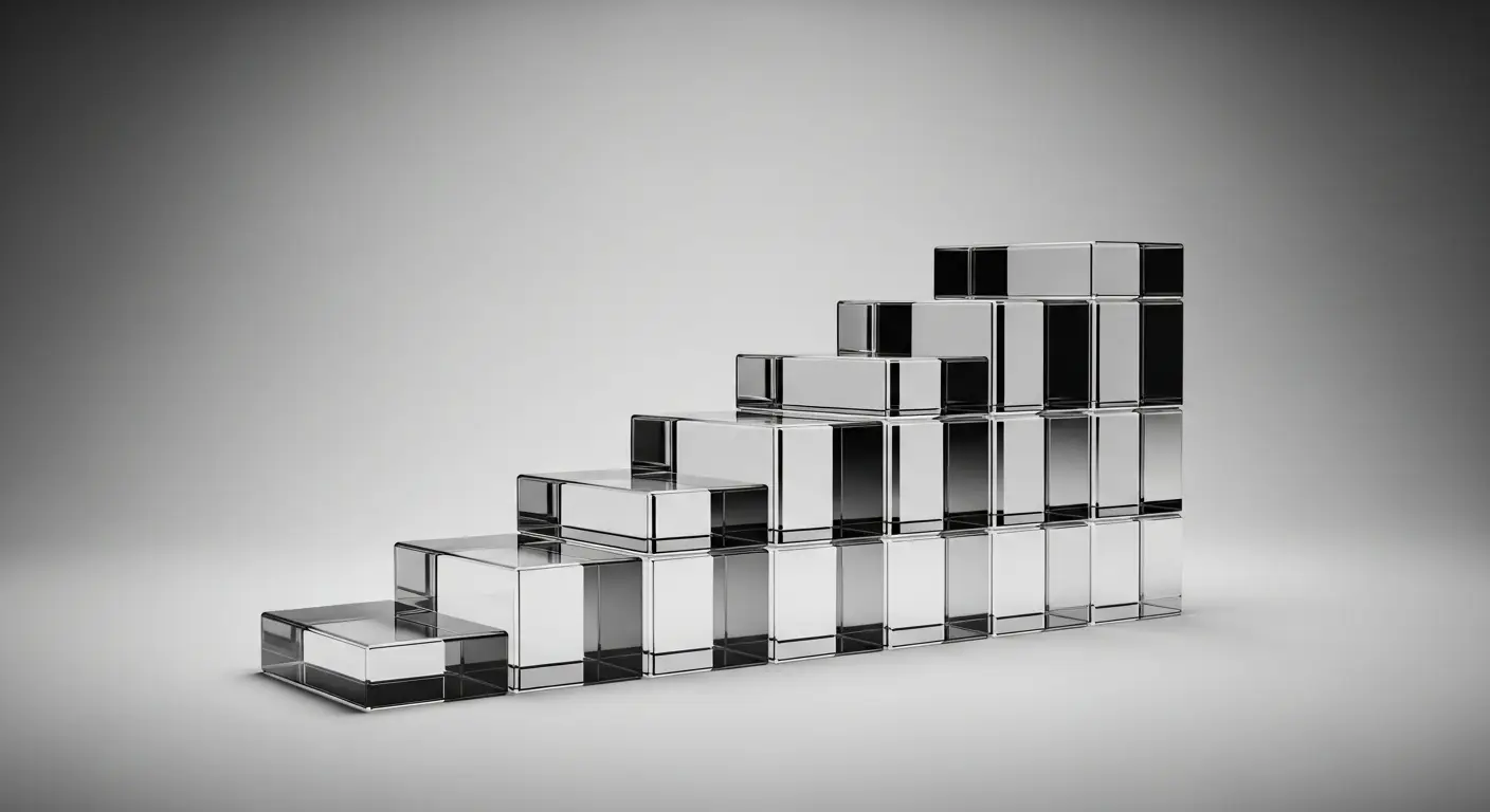 series-a-funding-replace-1 - SaasCEO.com startup funding stages — An abstract ascending staircase made of stacked translucent glass blocks rising left to right, each block a higher stage, soft even studio lighting, premium minimal composition, no text