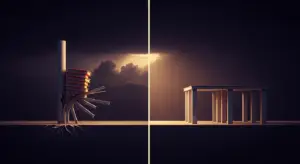 Startup burnout shown structurally — on the left, a single overloaded support column buckling and breaking under stacked weight; on the right, the same structure rebuilt with the load spread across several evenly spaced reinforced supports standing stable under warm light — burnout as a structural overload of how a company is built, and the recovery that redistributes the load.