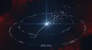 startup-burnout-revised-hero - SaasCEO.com - SaasCEO.com Abstract sci‑fi space scene: a bright blue core with two overlapping illuminated rings and scattered glass-like shards around it, in a dark nebula.