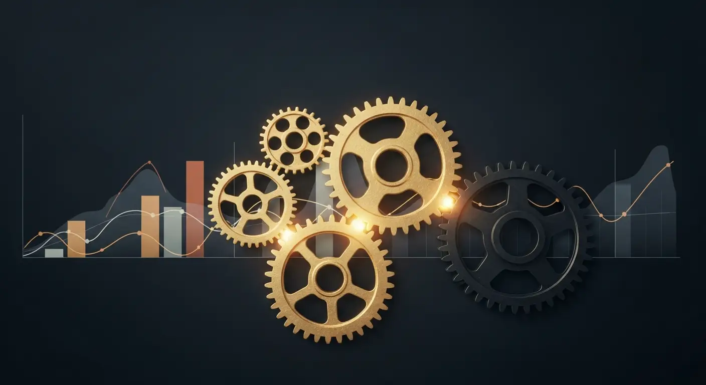 startup-roadmap-hero-1 - SaasCEO.com Four interlocking brass gears where three mesh and glow while the fourth sits misaligned and dark, representing unit economics that only scale when ICP, pricing, channel, and product-market fit all align — Four interlocking brass gears where three mesh and glow whil