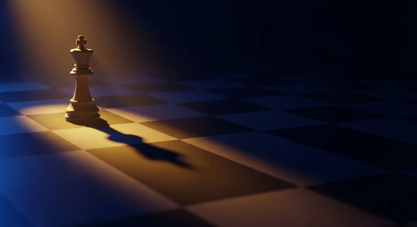 startup-roadmap-hero-2 - SaasCEO.com A single chess piece on an empty board under a dramatic beam of light casting a long shadow, evoking one deliberate move planned several moves ahead toward an exit — A single chess piece on an empty board under a dramatic beam