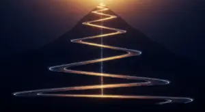 startup-roadmap-hero - SaasCEO.com - SaasCEO.com Winding mountain road lit by glowing lights, spiraling upward toward a peak at dusk.
