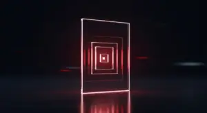 tam-slides-new-hero - SaasCEO.com - SaasCEO.com Neon red concentric square frames forming a tunnel-like shape in a dark space, with a glowing reflection on the floor.