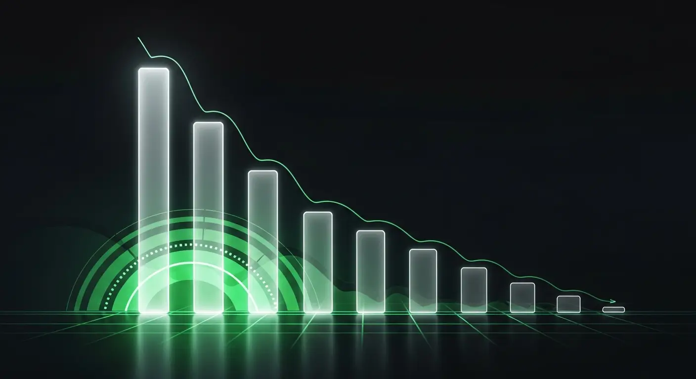 usage-based-pricing-saas-retention - SaasCEO.com Usage-Based Pricing Retention — declining glowing meter bars with a descending trend line showing revenue draining lower over time