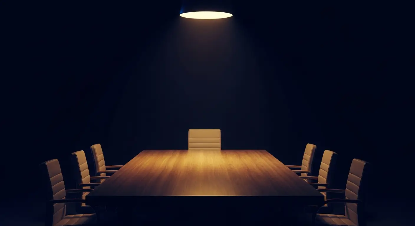 venture-capital-pitch-decks-hero-1 - SaasCEO.com The Ask and Use of Funds — A single empty chair facing a long polished wooden table und