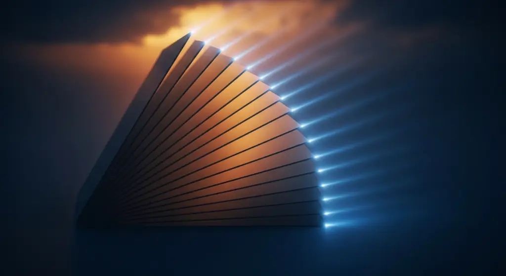 venture-capital-pitch-decks-new-hero - SaasCEO.com Abstract neon-lit curved panel forming a fan shape, blue glow on the right and warm orange on the left edge