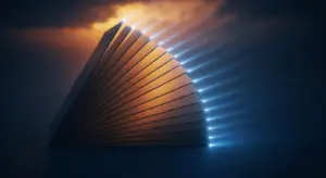 venture-capital-pitch-decks-new-hero - SaasCEO.com - SaasCEO.com Abstract neon-lit curved panel forming a fan shape, blue glow on the right and warm orange on the left edge