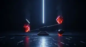 A futuristic balance scale with two glowing molten blocks burning red on each side, under a vertical blue light in a dark room.