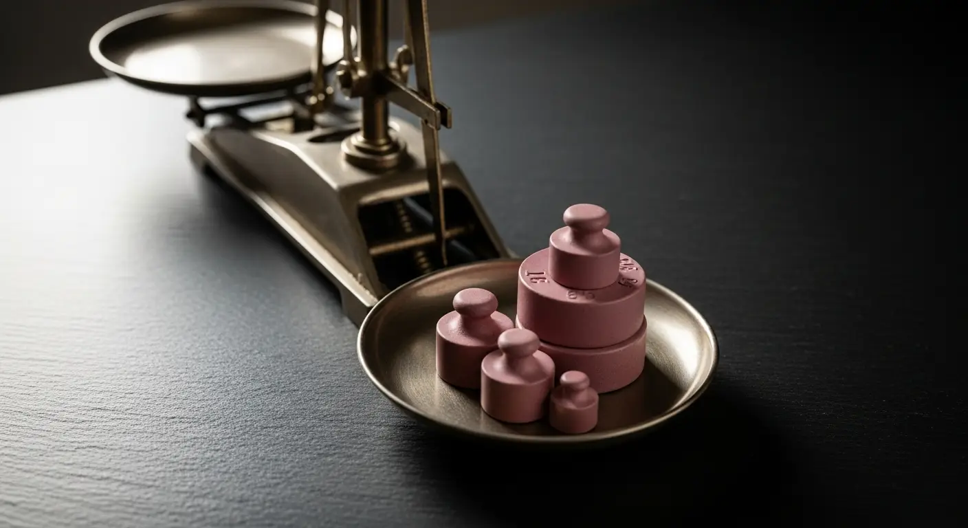 venture-debt-replace-1 - SaasCEO.com What Venture Debt Costs: Interest Rates and Warrants — A vintage apothecary's pan balance on a slate countertop, several small dusty-rose weights of different sizes stacked on one pan, soft directional light from the left.