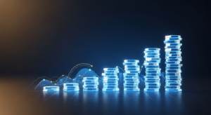 volume-pricing-new-hero - SaasCEO.com - SaasCEO.com Stacks of glowing blue coins increasing from left to right, symbolizing financial growth or savings growth