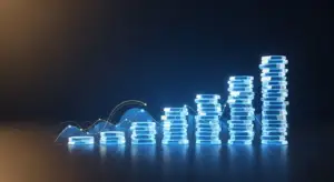 volume-pricing-new-hero - SaasCEO.com Stacks of glowing blue coins increasing from left to right, symbolizing financial growth or savings growth