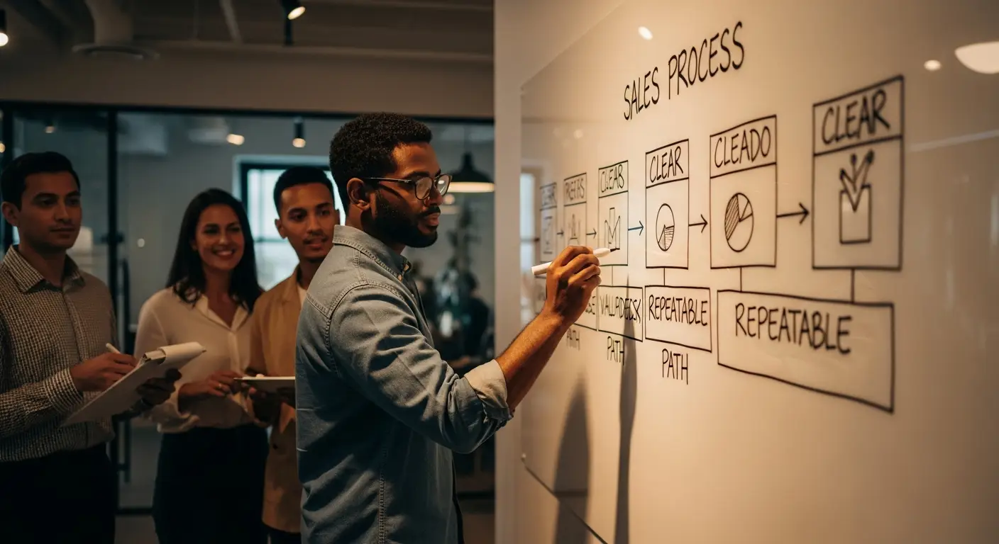 vp-sales-hero-1 - SaasCEO.com The One Prerequisite: A Repeatable Sales Process You Validated Yourself — A single, focused professional, illuminated by a warm spotli