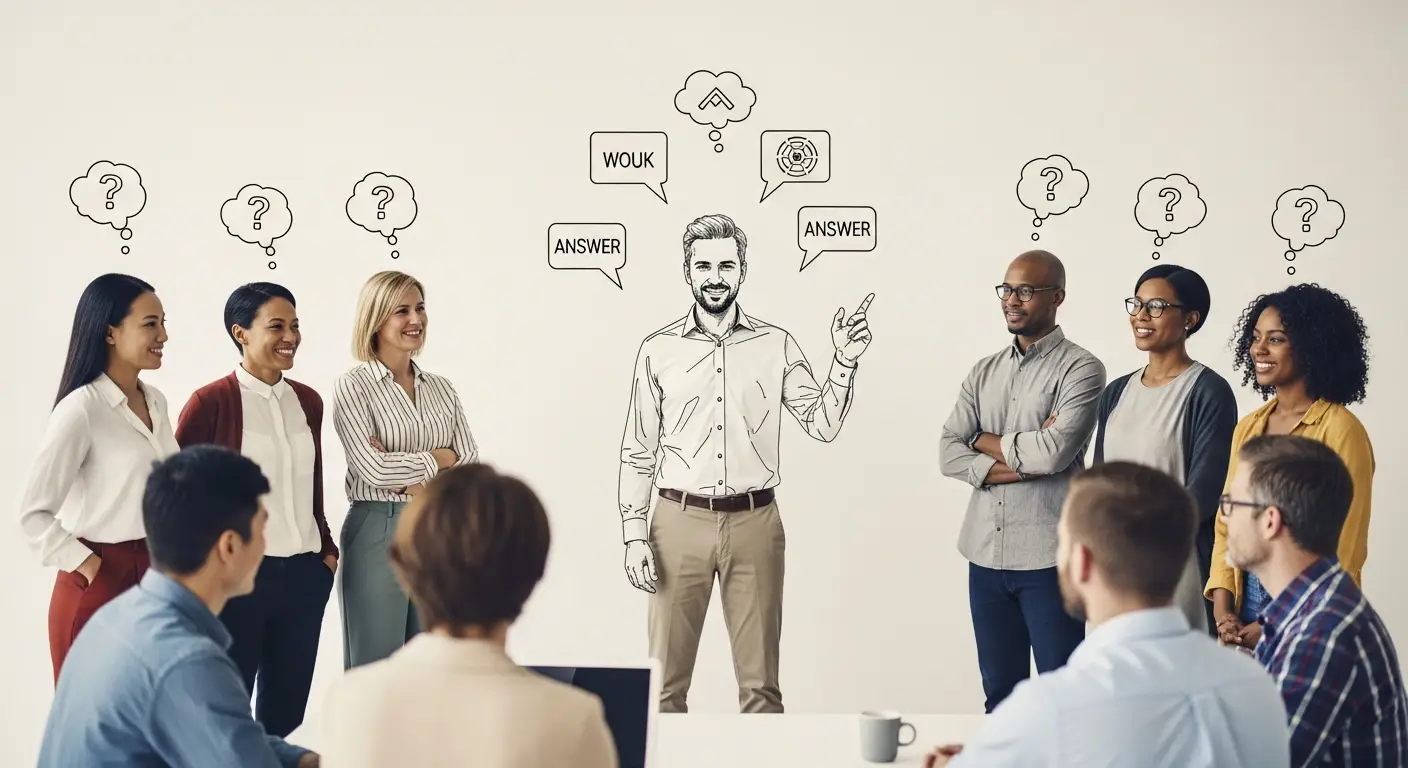 vp-sales-hero-4 - SaasCEO.com Frequently Asked Questions — A diverse group of professionals, each with a subtle questio