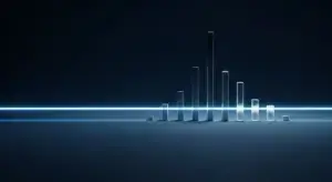 hero-what-is-a-good-ebitda-margin - SaasCEO.com Blue-glow bar chart on a dark gradient background, rising to a peak and tapering, with a glowing horizontal baseline.