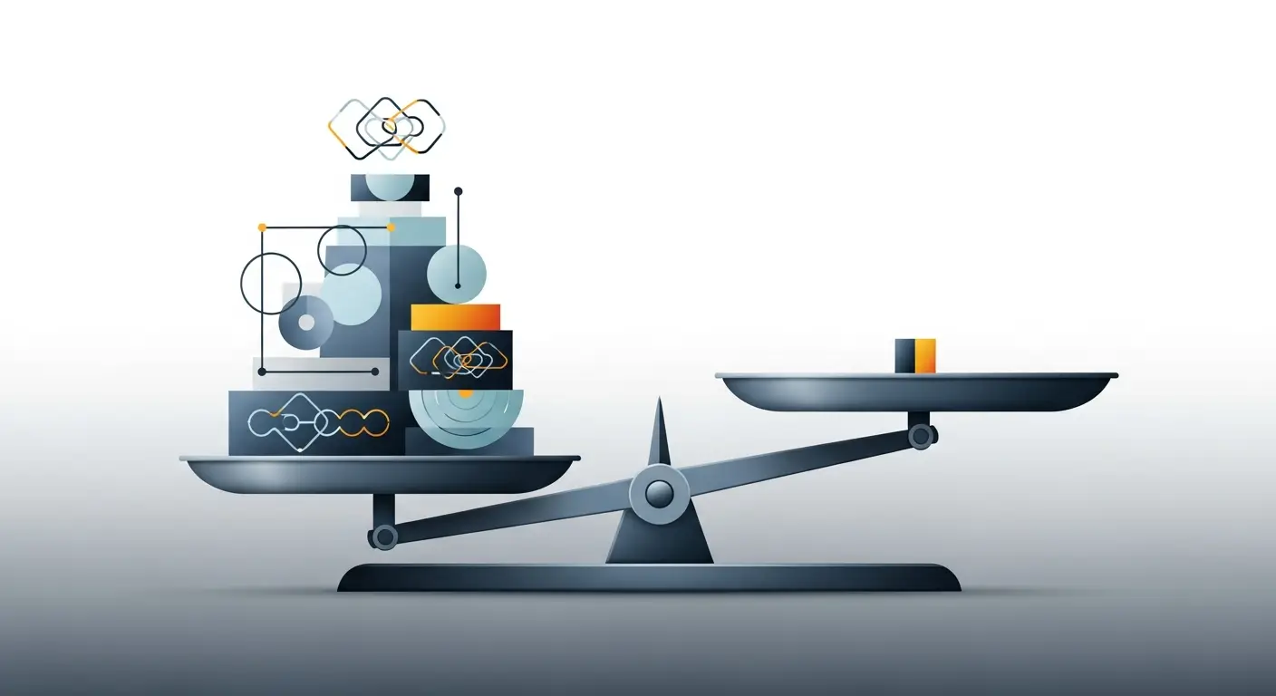 what-is-a-good-ebitda-margin-replace-1-1 - SaasCEO.com What is a good EBITDA margin — a balance scale tipped to one side, one pan heavy with stacked abstract discs and shapes and the other holding a small block, evoking weighing what counts as a healthy margin.