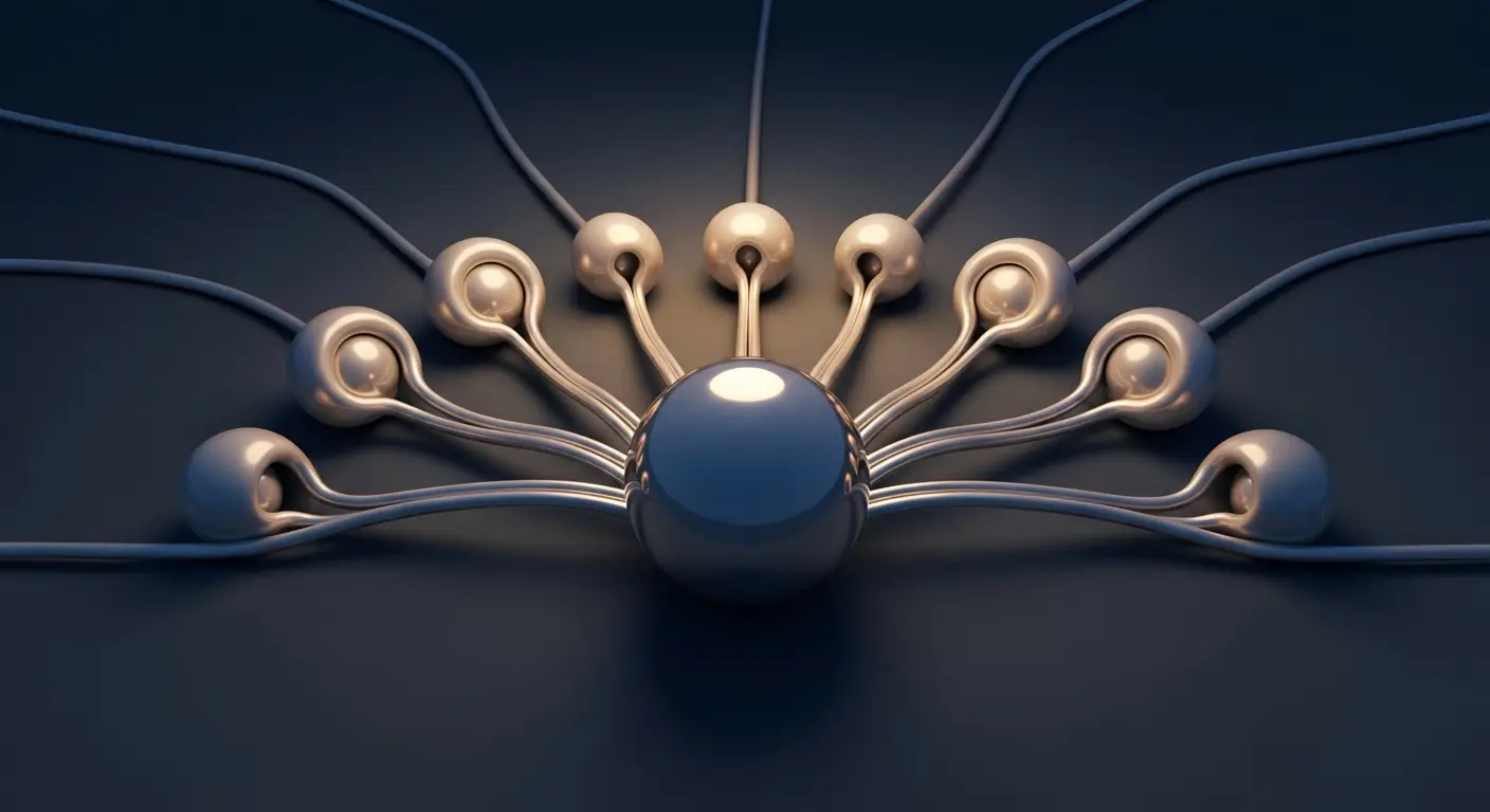 what-is-a-good-ebitda-margin-replace-1-3 - SaasCEO.com How EBITDA Margin Connects to the Other Metrics That Matter — A central polished sphere with smooth conduits radiating outward to smaller surrounding forms in a half-circle arrangement, deep slate background with soft warm lighting from above, evoking interconnection between