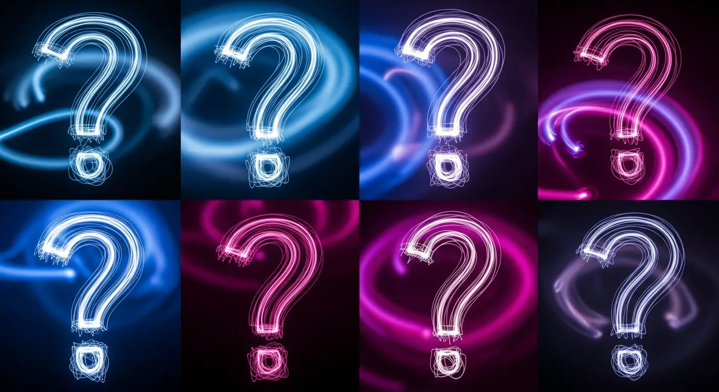 what-is-a-good-ebitda-margin-replace-2-2 - SaasCEO.com What is a good EBITDA margin — a grid of eight glowing neon question marks in blue, purple, and pink on a dark field, evoking the common questions about EBITDA benchmarks.