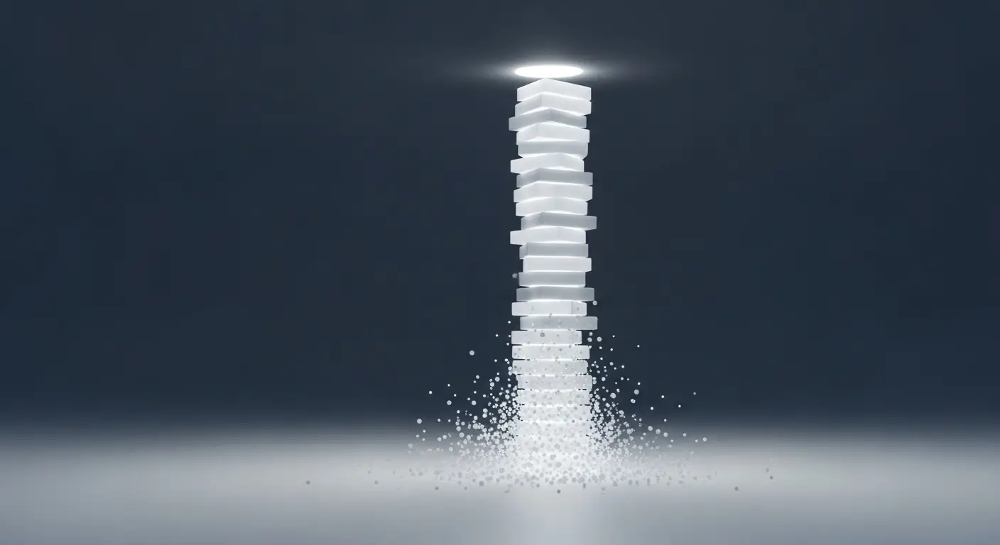 what-is-arr-arr-ceiling - SaasCEO.com Abstract visualization of the ARR ceiling — a tall stack of luminous units rising toward an upper limit while its base dissolves into drifting particles, showing recurring-revenue growth capped as churn erodes the foundation