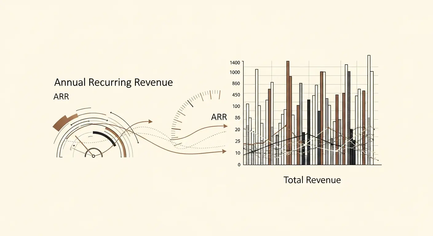 what-is-arr-hero-4 - SaasCEO.com A clean recurring-revenue data flow distinguished from a broader, more varied total-revenue visualization — A clean recurring-revenue data flow distinguished from a bro