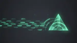 Neon green holographic graphic: a glowing triangle with a circular gauge and flowing data streams.