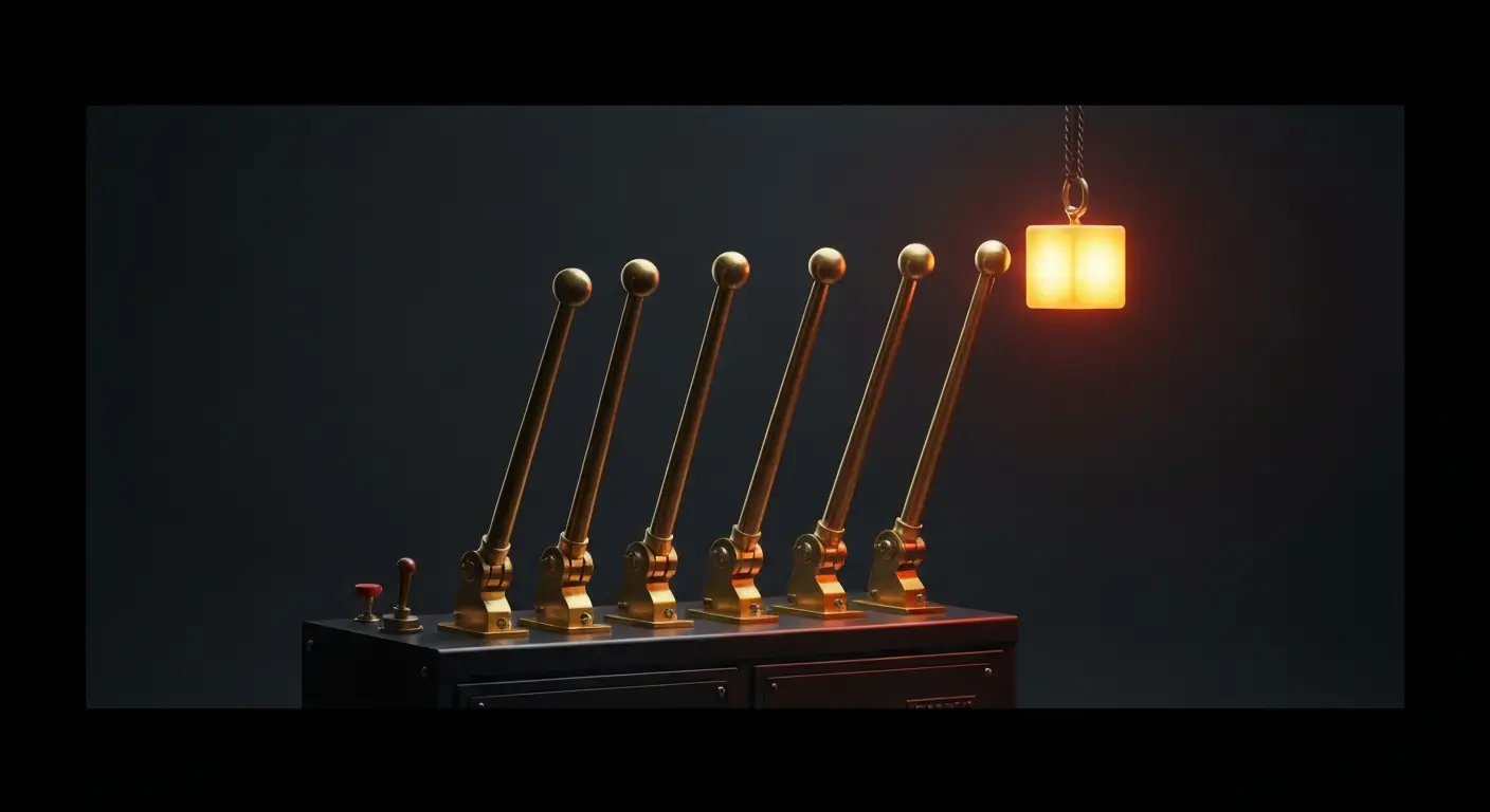 what-is-asp-in-sales-hero-3 - SaasCEO.com What a 20 Percent ASP Improvement Is Worth — A row of five tall brass mechanical levers mounted on a dark