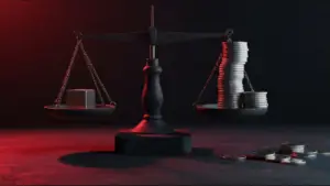 what-is-asp-in-sales-hero - SaasCEO.com - SaasCEO.com Balance scale with a cube on the left and a tall stack of coins on the right, illuminated by red light.