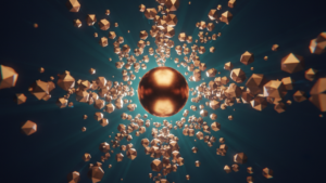 Bronze sphere at center surrounded by copper-colored faceted shapes radiating outward against a dark teal background in an abstract scene