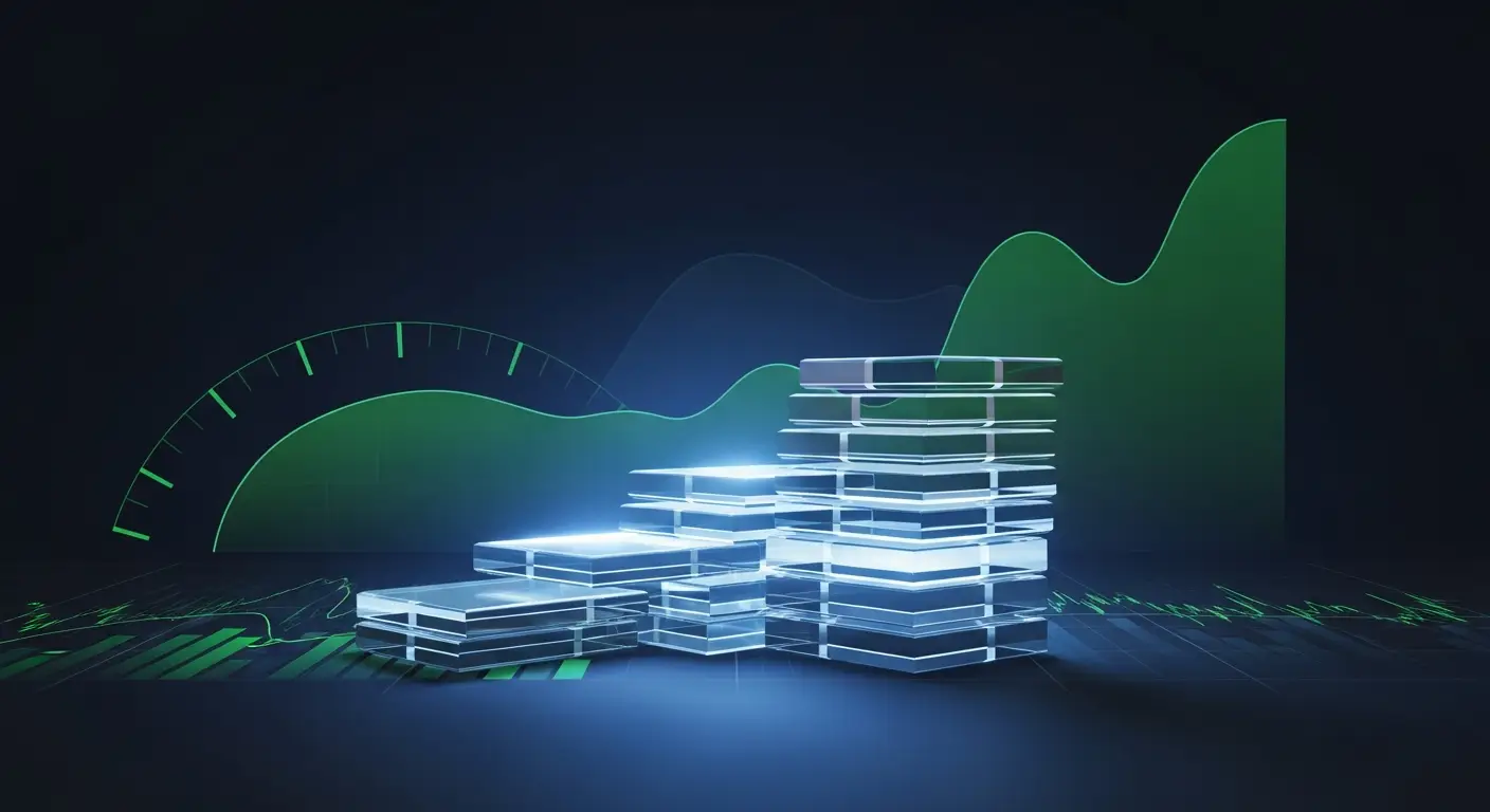 what-is-nrr-in-saas-hero-1 - SaasCEO.com A worked example of Net Revenue Retention — abstract translucent stacked glass tiers of increasing height and brightness