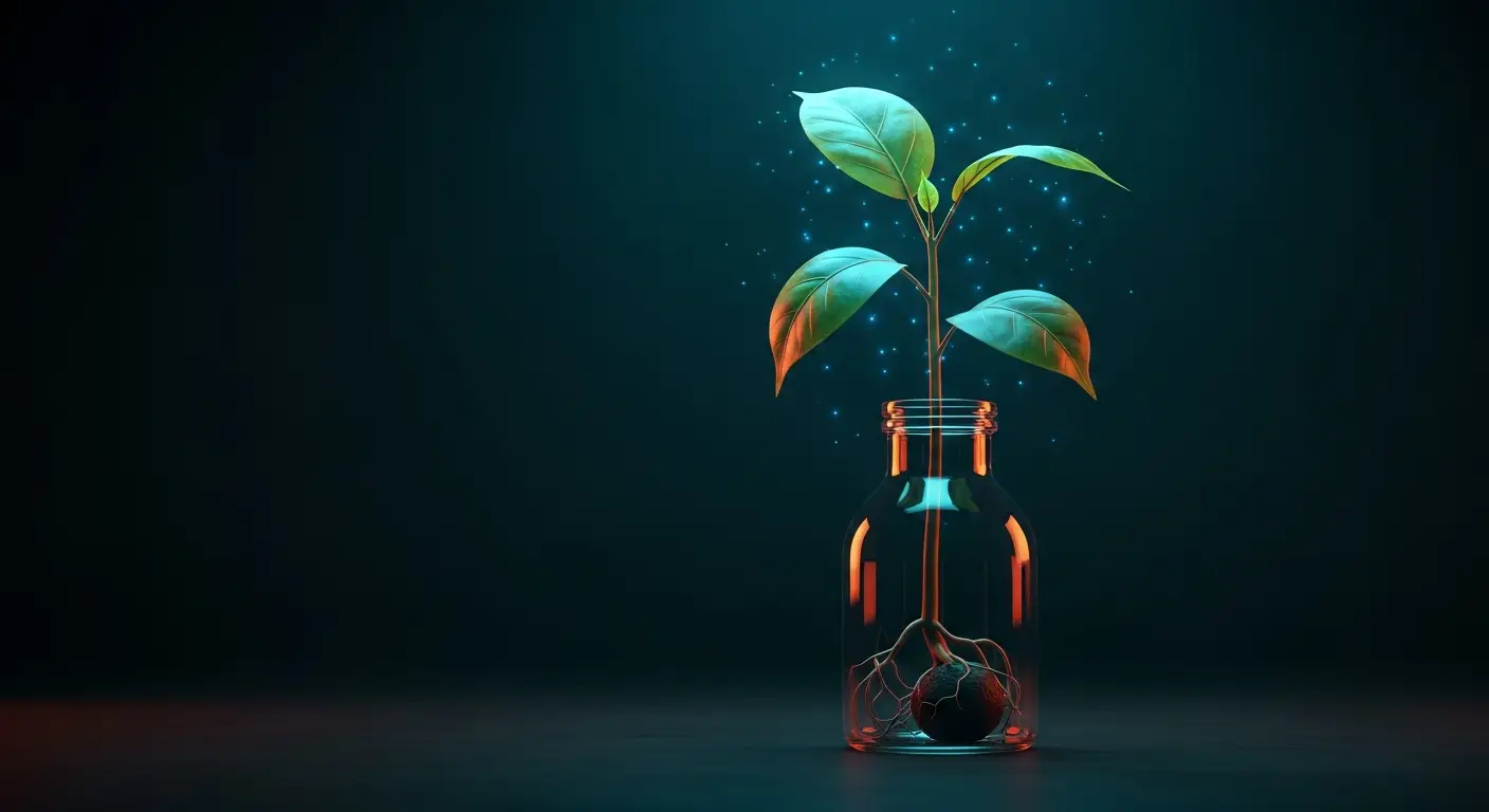 what-is-nrr-in-saas-hero - SaasCEO.com Net Revenue Retention worked example — a seedling growing inside a sealed glass vessel with no outside inputs