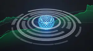 what-is-nrr-in-saas-new-hero - SaasCEO.com Blue molecular cluster at the center with concentric radar rings over a dark background and a green financial line chart on the side (tech concept).