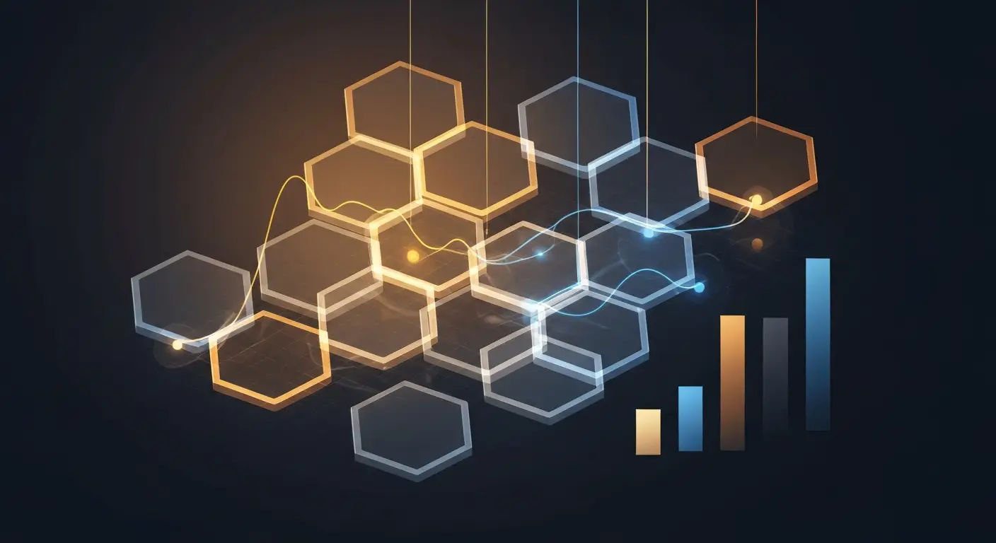 what-is-saas-operations-hero-1 - SaasCEO.com Interconnected SaaS tools and operational systems forming a coordinated lattice — A translucent lattice of interlocking hexagonal cells suspen