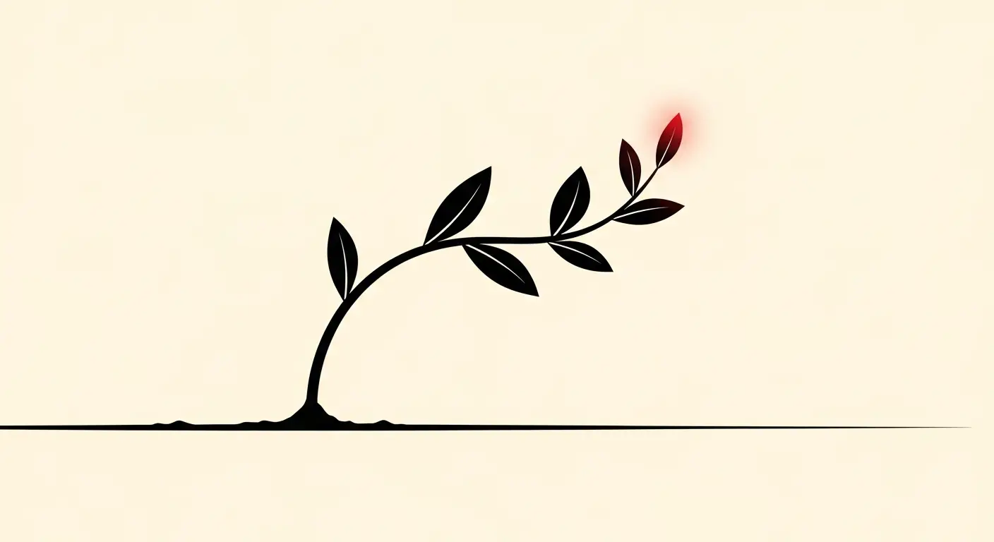 what-is-saas-replace-1 - SaasCEO.com Advantages of SaaS — A single upward-curving ink-black plant shoot on cream paper, emerging from a flat horizontal baseline and arcing to the right, the topmost leaf catching a small crimson highlight — the structural slope of the SaaS model's compounding advantages as botanical illustration.