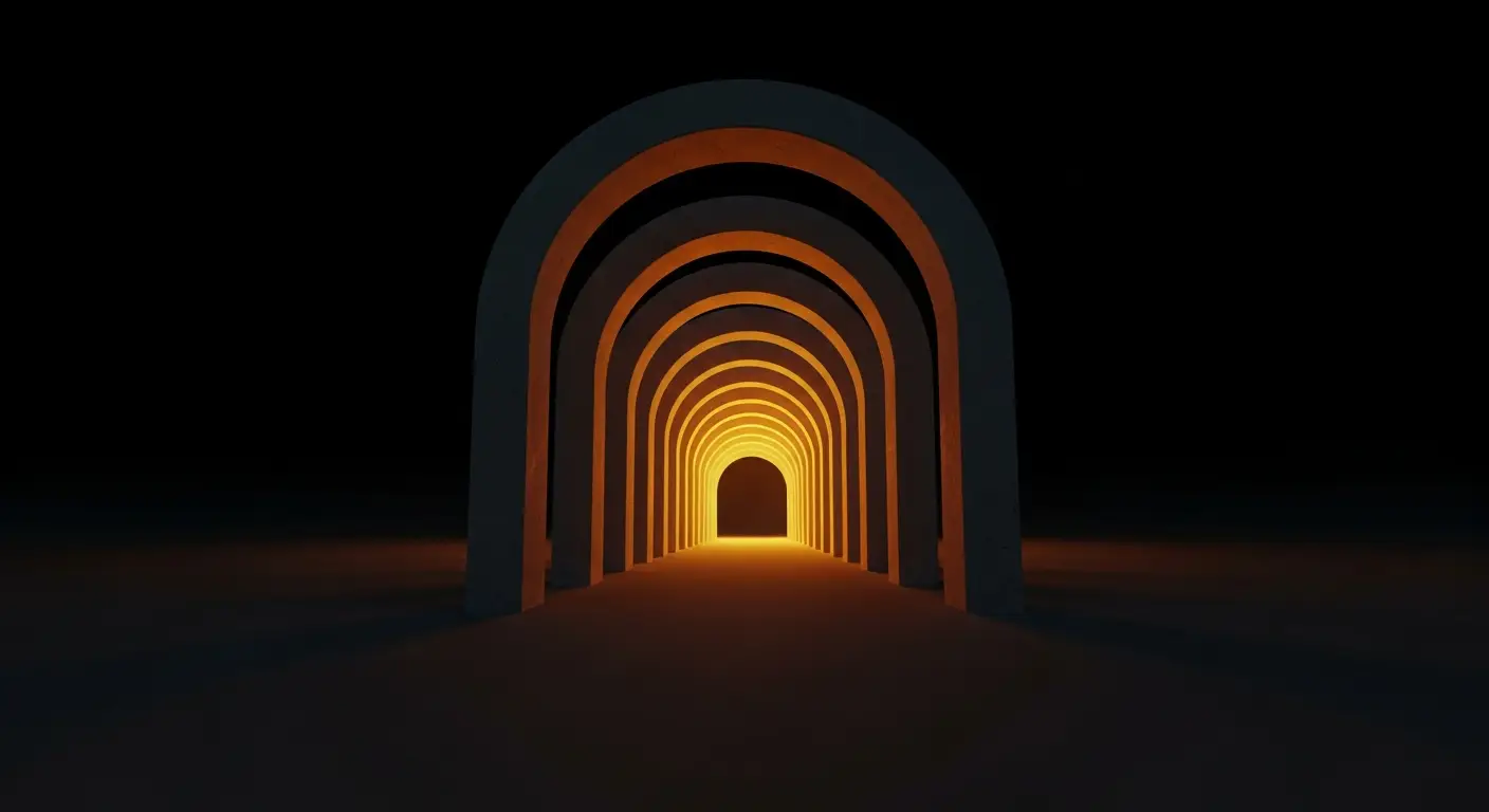 what-is-saas-replace-2 - SaasCEO.com SaaS Security and Data Privacy — Nested Romanesque keystone arches receding into a charcoal field, each successive arch slightly smaller than the last and lit by warm saffron light from within, the innermost arch glowing most brightly — defense-in-depth security layers rendered as concentric stone architecture.