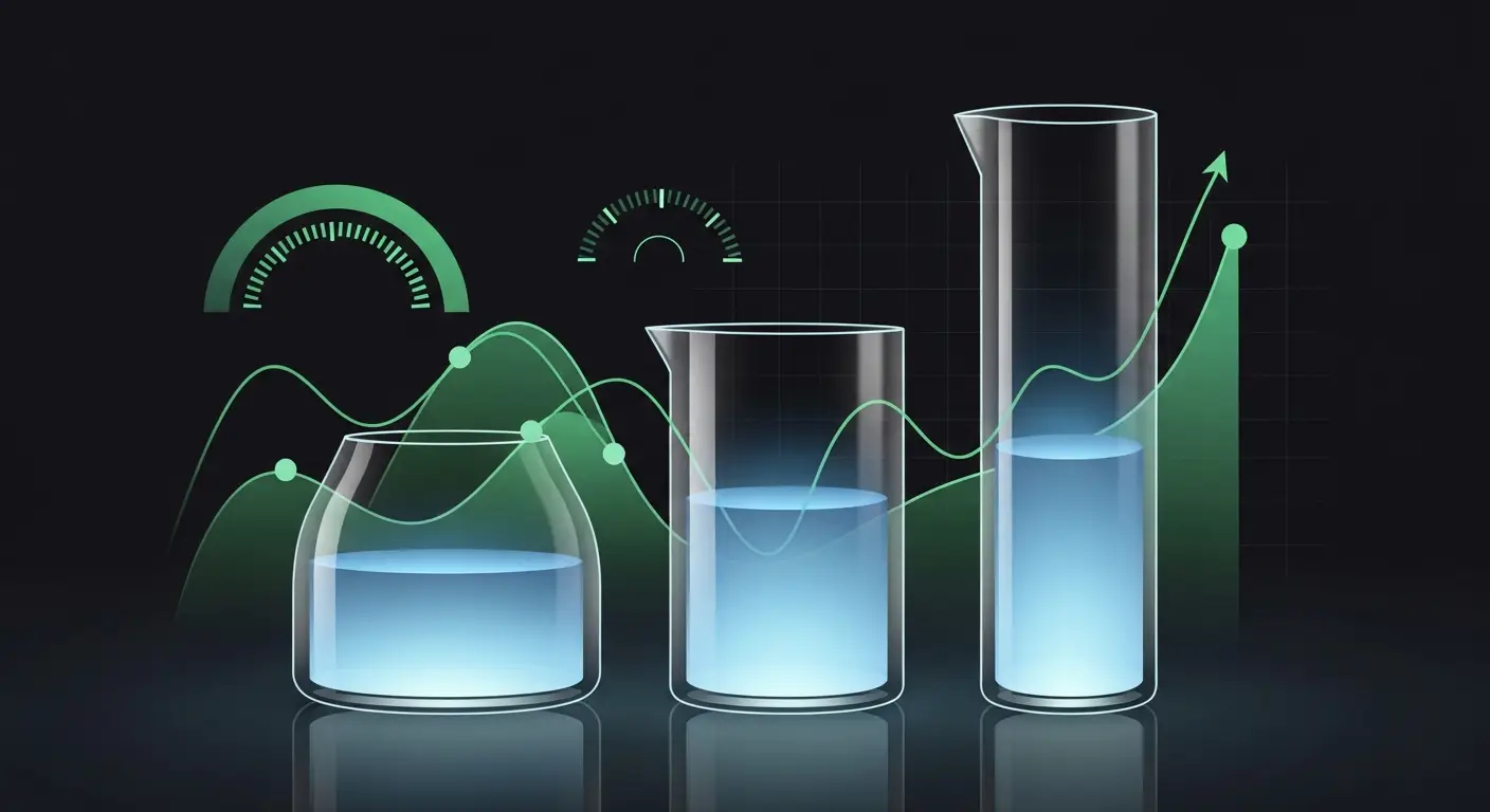 what-is-tcv-hero-1 - SaasCEO.com TCV vs ACV vs ARR as three different measurements of the same contract — Three translucent glass containers of different heights stan