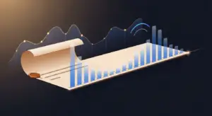 what-is-tcv-hero - SaasCEO.com - SaasCEO.com Rolled parchment unfurls into a 3D blue bar chart with a line graph and dots, suggesting data analysis.
